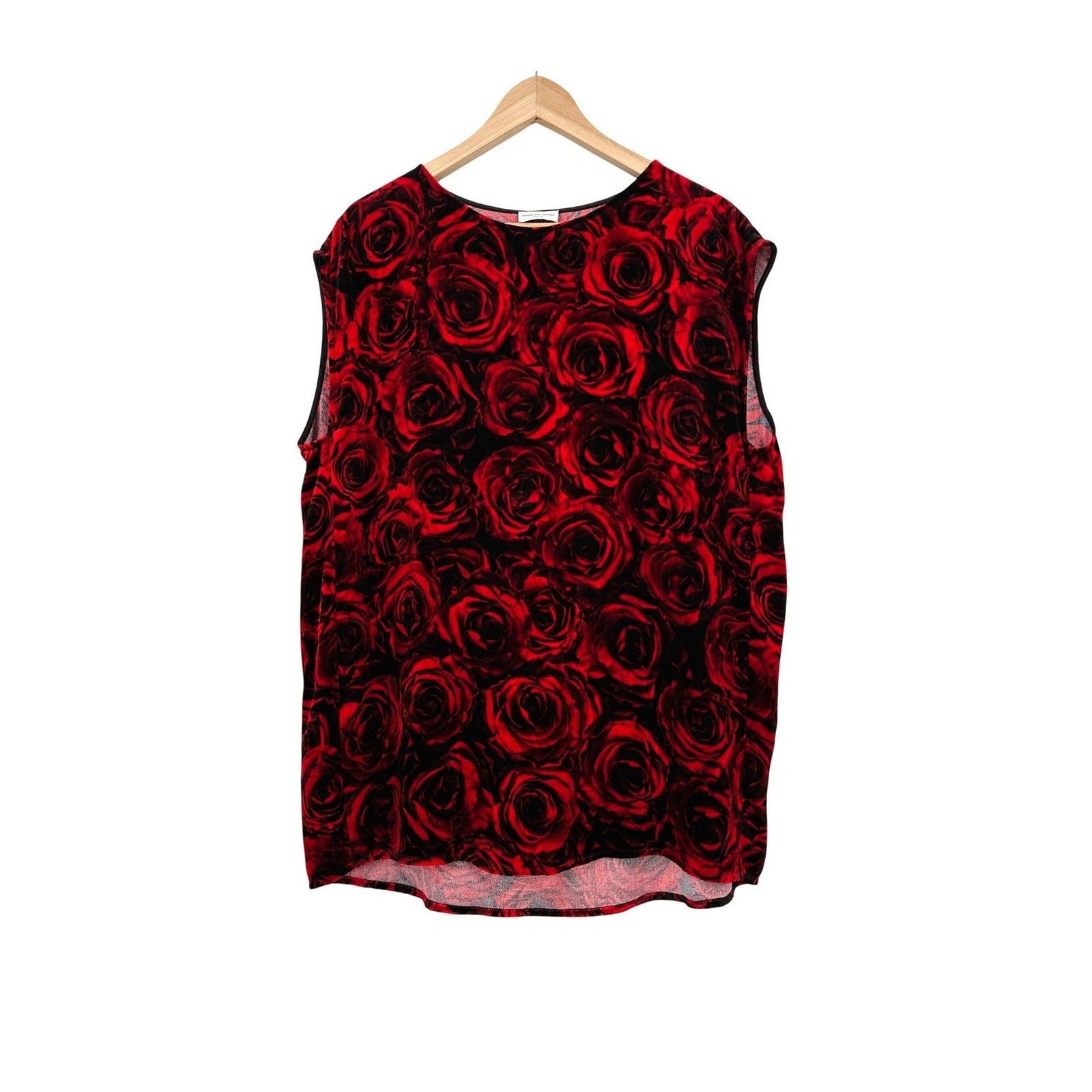 Dries Van Noten Red Black Rose Print Velvet Silk Blend Sleeveless Top 40 / Us 10